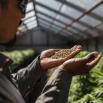 Cultivateur inspectant des graines de cannabis dans ses mains au cœur d’une serre remplie de plants verts en pleine croissance.
