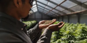 Cultivateur inspectant des graines de cannabis dans ses mains au cœur d’une serre remplie de plants verts en pleine croissance.