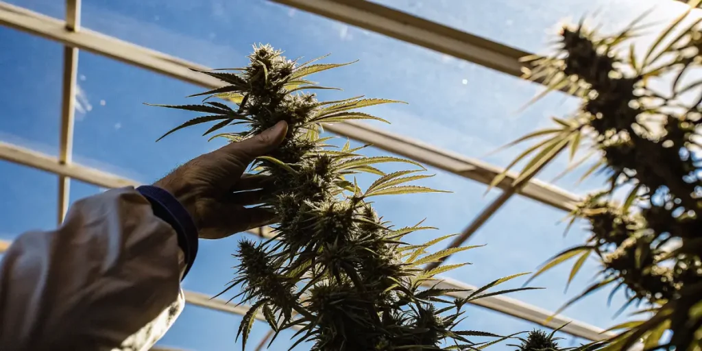 Inspection d’une plante de cannabis en floraison tenue à la main dans une serre sous lumière naturelle.