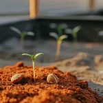 Jeune plantule de cannabis en pleine germination, entourée de graines sur un substrat riche.