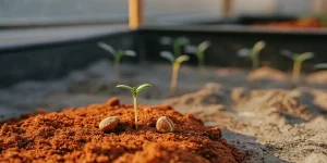 Jeune plantule de cannabis en pleine germination, entourée de graines sur un substrat riche.