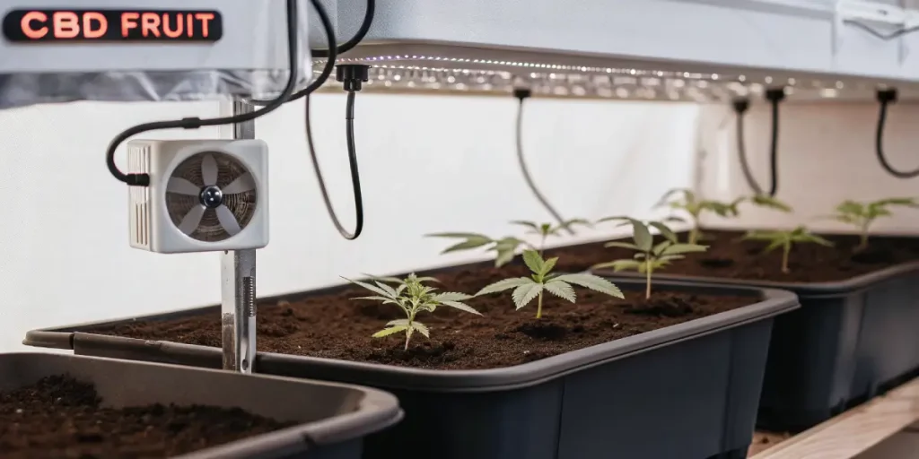 Jeunes plants de cannabis cultivés en intérieur sous éclairage LED avec ventilation contrôlée.