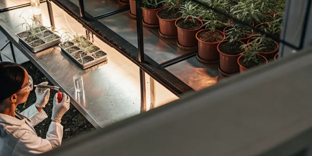 Laboratoire de cannabis montrant une culture in vitro avec des plants en pots sous éclairage contrôlé et manipulation scientifique.