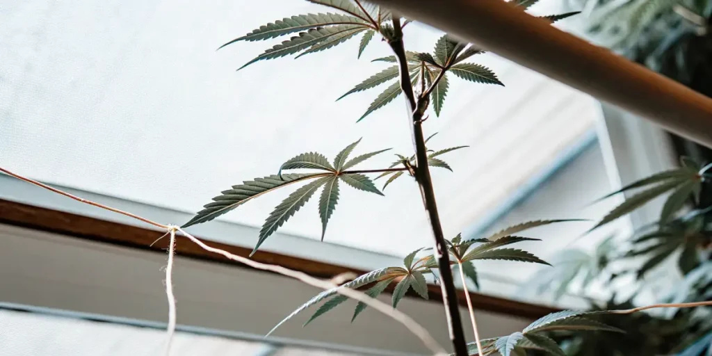 Plante de cannabis soumise au low stress training avec tiges attachées sous serre lumineuse
