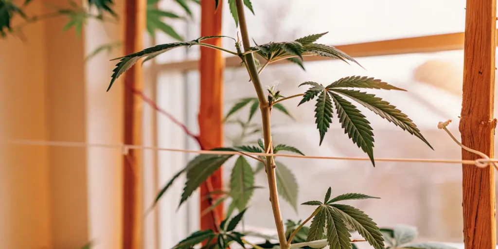 Plante de cannabis en low stress training avec tige principale attachée pour favoriser une croissance horizontale