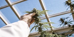 Main experte effectuant un mainlining précis sur une plante de cannabis cultivée en serre, afin d’optimiser la structure, la répartition de la lumière et le développement du bourgeon apical.