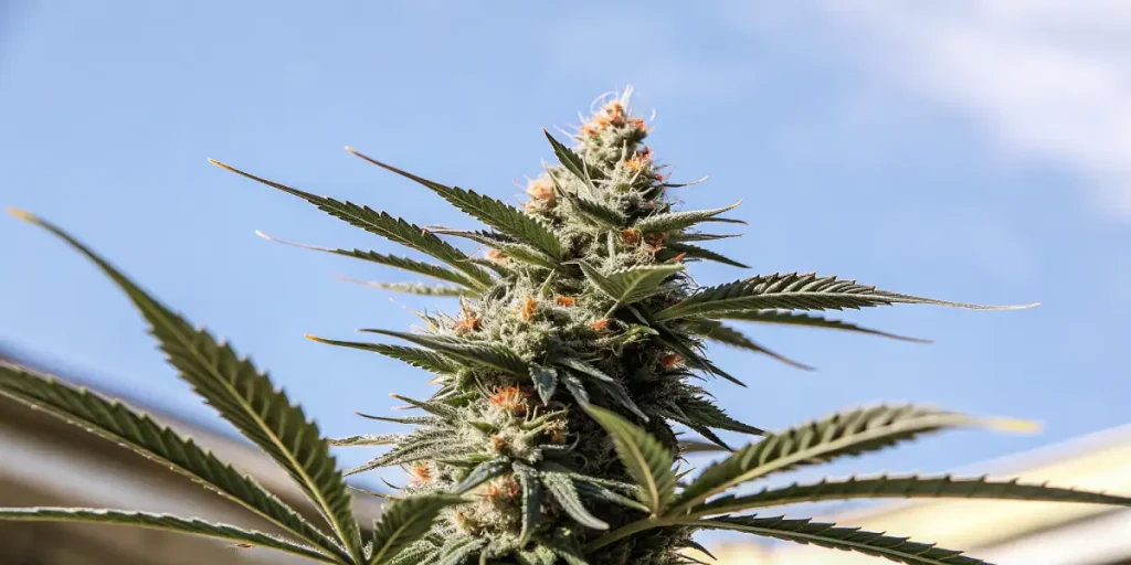 Outdoor cannabis bud blue sky avec tête résineuse et pistils orange sous lumière naturelle.