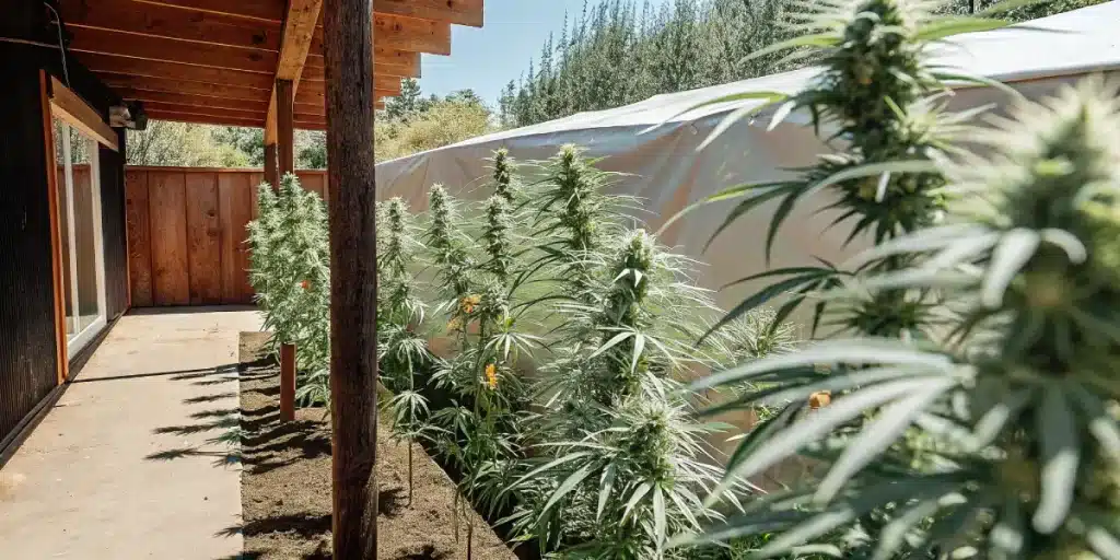 Outdoor cannabis garden with tall flowering plants growing beside a wooden house in full sunlight.