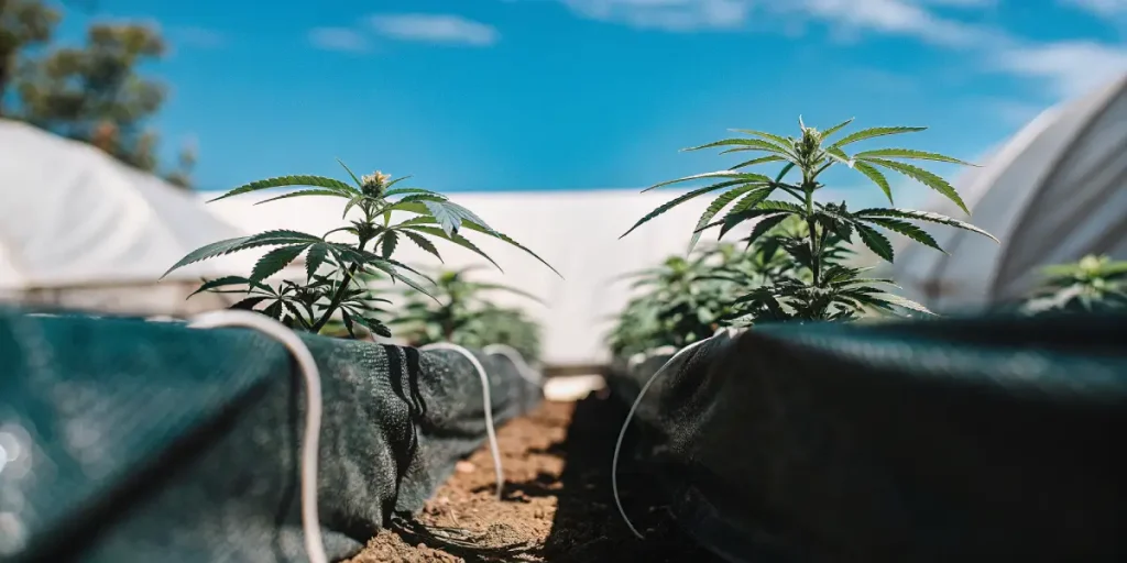 Outdoor cannabis plants under blue sky growing in fabric beds with healthy early vegetative development.