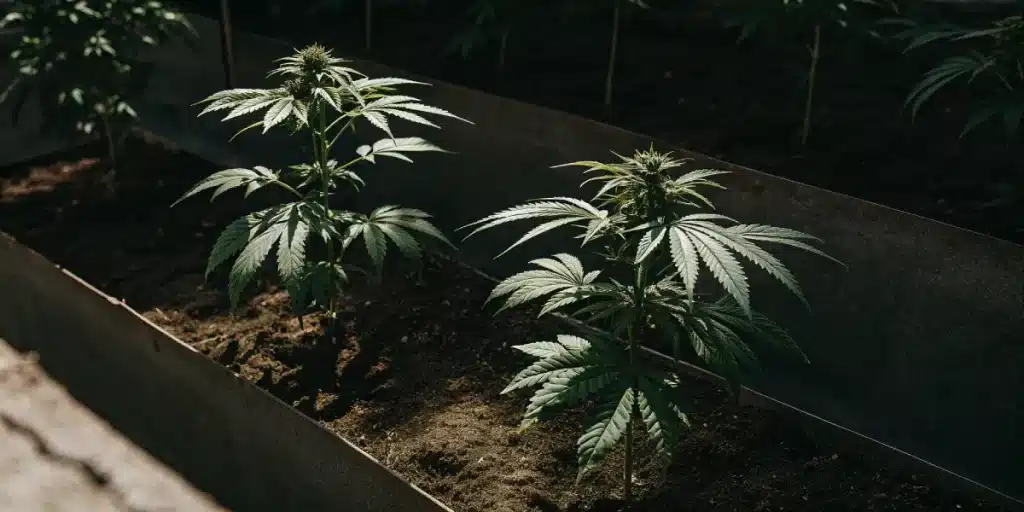 Jeunes plants de cannabis cultivés en extérieur dans des plates-bandes de terre.