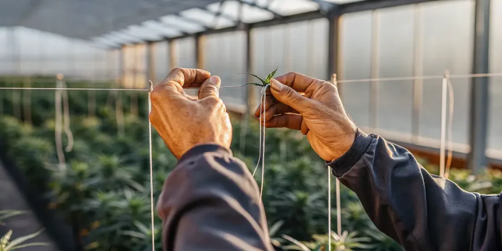 Palissage manuel d’une plante de cannabis en serre afin de guider la croissance et renforcer la structure des branches.