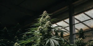 Plante de cannabis en floraison avancée cultivée sous serre, avec une tête centrale dense et des feuilles vert foncé.