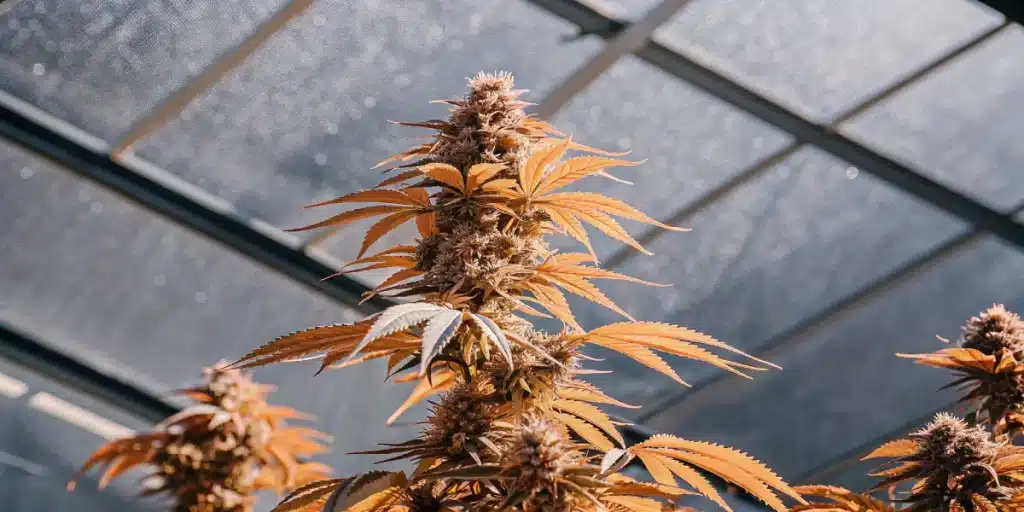 Plante de cannabis en fin de floraison avec feuilles orange, cultivée sous serre et riche en têtes compactes.