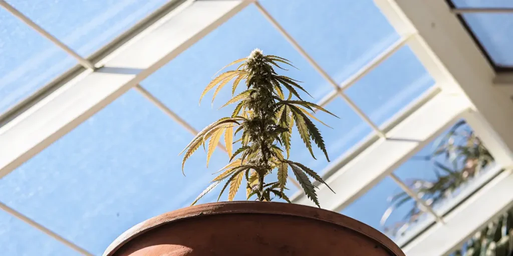 Plante de cannabis affaiblie en pot cultivée en serre, avec feuillage clair et tige fine sous lumière naturelle.
