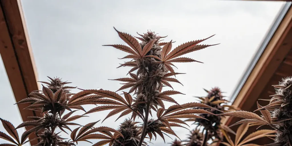 Plante de cannabis aux feuilles brunes et fleurs compactes cultivée en serre, sous lumière naturelle filtrée.