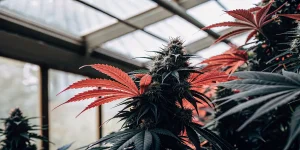 Plante de cannabis aux feuilles rouges et fleurs résineuses cultivée en serre, sous lumière naturelle filtrée.