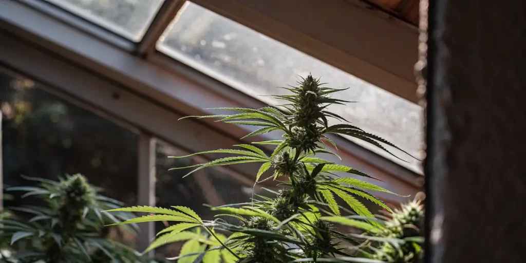 Plante de cannabis en croissance en serre, avec feuillage vert et fleurs en formation sous lumière naturelle.