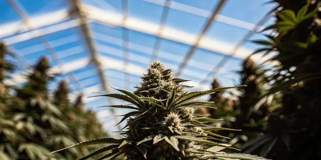 plante de cannabis en floraison cultivée dans une serre professionnelle avec lumière naturelle et structure vitrée