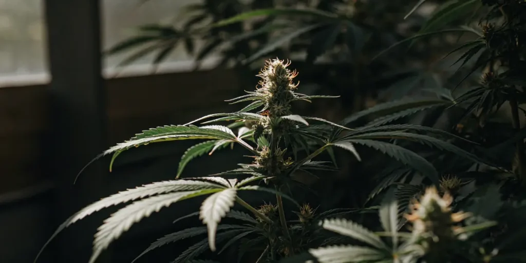 Plante de cannabis en floraison éclairée par la lumière naturelle, avec tête florale visible et feuillage vert dense.