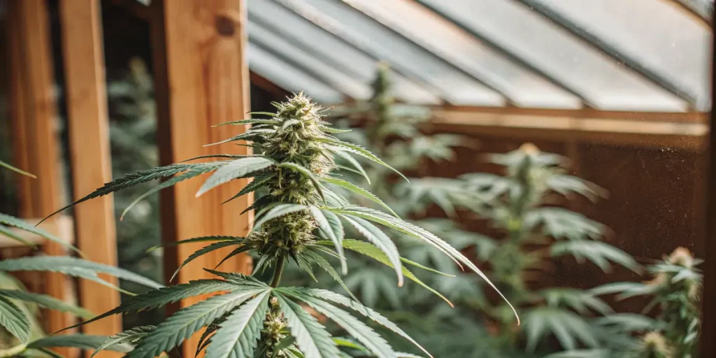Plante de cannabis en serre avec structure en bois, en pleine floraison sous lumière naturelle