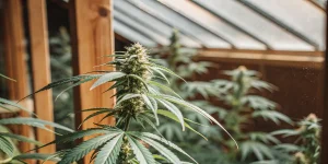 Plante de cannabis en serre avec structure en bois, en pleine floraison sous lumière naturelle
