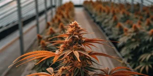 plante de cannabis mature avec feuilles orangées cultivée en serre lors de la phase finale de floraison