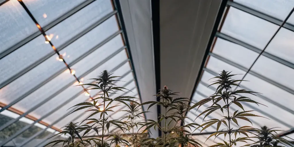Plantes de cannabis cultivées sous une serre à structure verrière avec lumière naturelle filtrée.