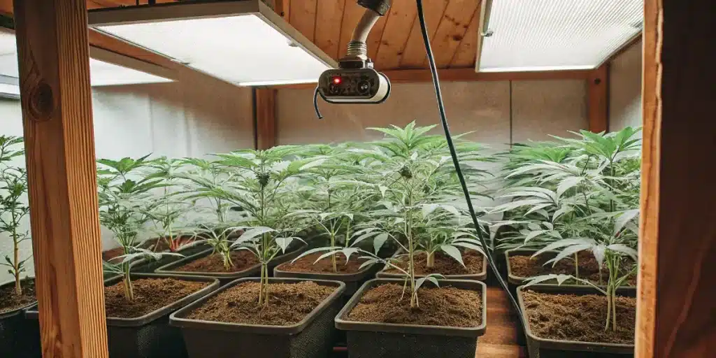 Jeunes plantules de cannabis poussant dans des gobelets en plastique près d’une fenêtre éclairée.