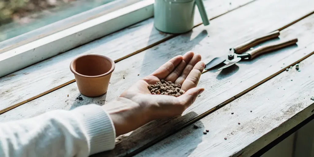 Main tenant des graines de cannabis sur une table en bois, avec un petit pot et des outils utilisés pour la culture.