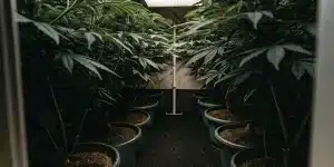 Préparation du substrat pour semis de cannabis dans des bacs plastiques en culture indoor