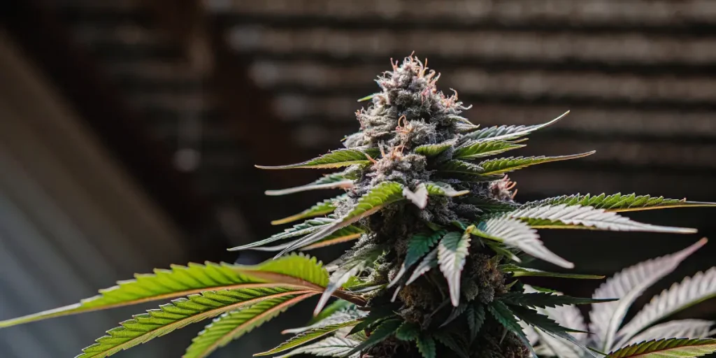 Purple cannabis bud sunlight avec têtes violettes lumineuses et feuilles vertes en contre-jour.