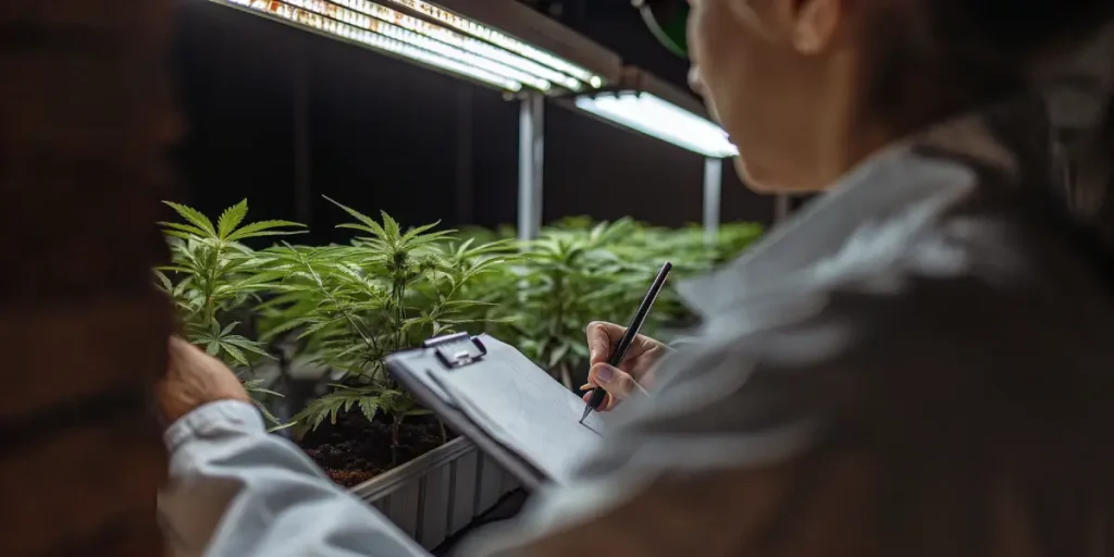 Recherche scientifique sur la culture du cannabis en intérieur, avec observation des plants sous éclairage LED et collecte de données pour optimiser la croissance et la santé végétale.