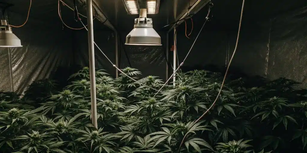 Salle de culture intérieure de cannabis avec lampes HPS suspendues et plantes denses en pleine floraison.
