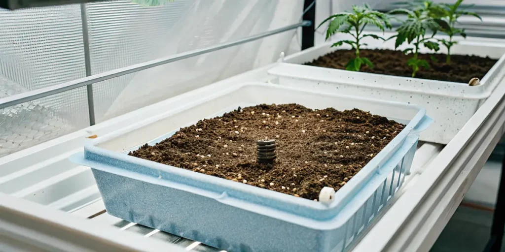 Salle de culture de cannabis en intérieur avec rangées de plantes en pots et système d’irrigation central