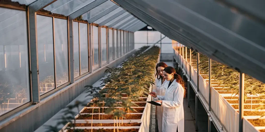 Scientifiques en blouse analysant une culture de cannabis en serre moderne, avec rangées de plantes sous lumière contrôlée.