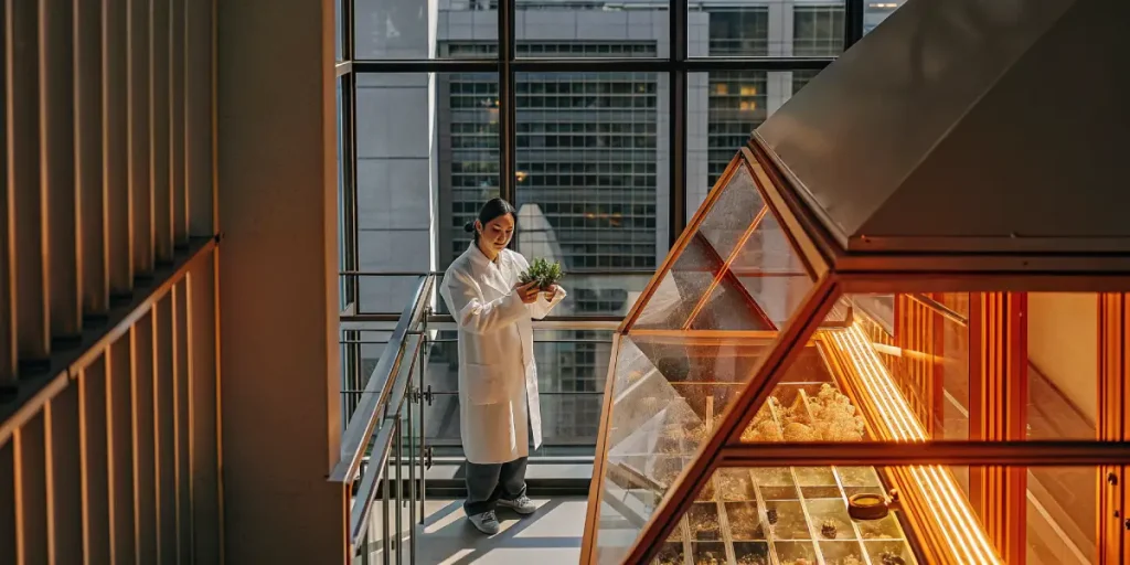 Scientist in a lab coat inspecting cannabis plants inside a controlled indoor greenhouse with LED lighting.