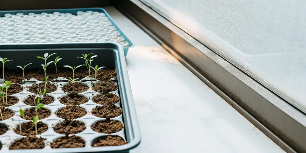 Seedling tray with young cannabis sprouts growing in soil cells near a bright window.