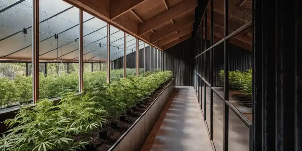 serre contemporaine de cannabis avec plantes alignées et culture professionnelle en intérieur