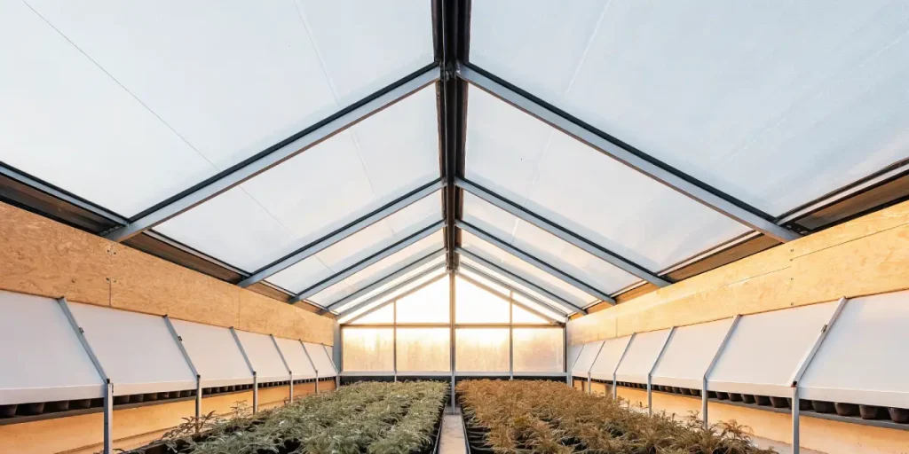 Grande serre industrielle utilisée pour la culture intensive de plants de cannabis sous lumière naturelle