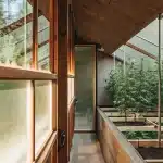 serre moderne de cannabis avec culture intérieure en bacs surélevés et structure en bois