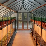 Serre moderne avec rangées de pots de cannabis cultivés en intérieur sous lumière contrôlée