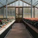 Serre professionnelle avec des plantes de cannabis cultivées en intérieur, alignées sur des tables sous une lumière naturelle filtrée.
