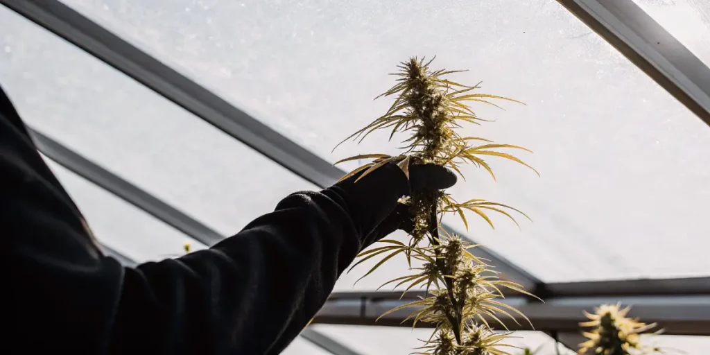 Technique de mainlining appliquée sur une plante de cannabis en serre, mettant en valeur la tige centrale et le bourgeon apical.