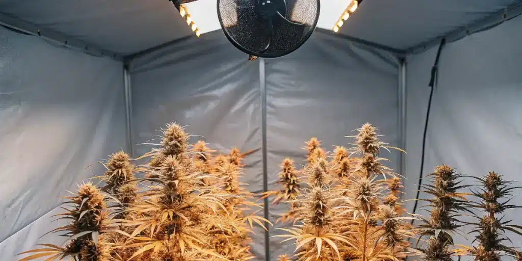 Tente de culture intérieure remplie de plantes de cannabis en floraison sous un ventilateur et des lampes LED.