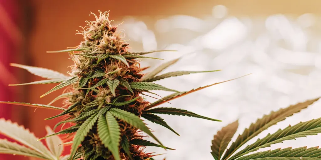 Gros plan d’une tête de cannabis mature en floraison intérieure, avec des pistils bien développés, une structure compacte et des feuilles résineuses éclairées par une lumière chaude.
