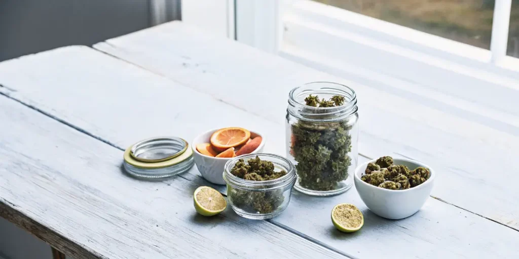Têtes de cannabis stockées dans des bocaux en verre avec des agrumes sur une table en bois blanc