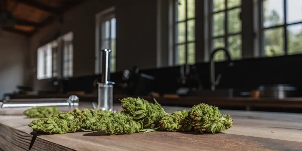 Têtes de cannabis séchées posées sur un plan de travail en bois dans un environnement intérieur lumineux.