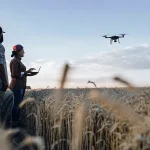 Agriculteurs utilisant un drone pour surveiller un champ agricole au crépuscule, illustrant l’agriculture de précision.