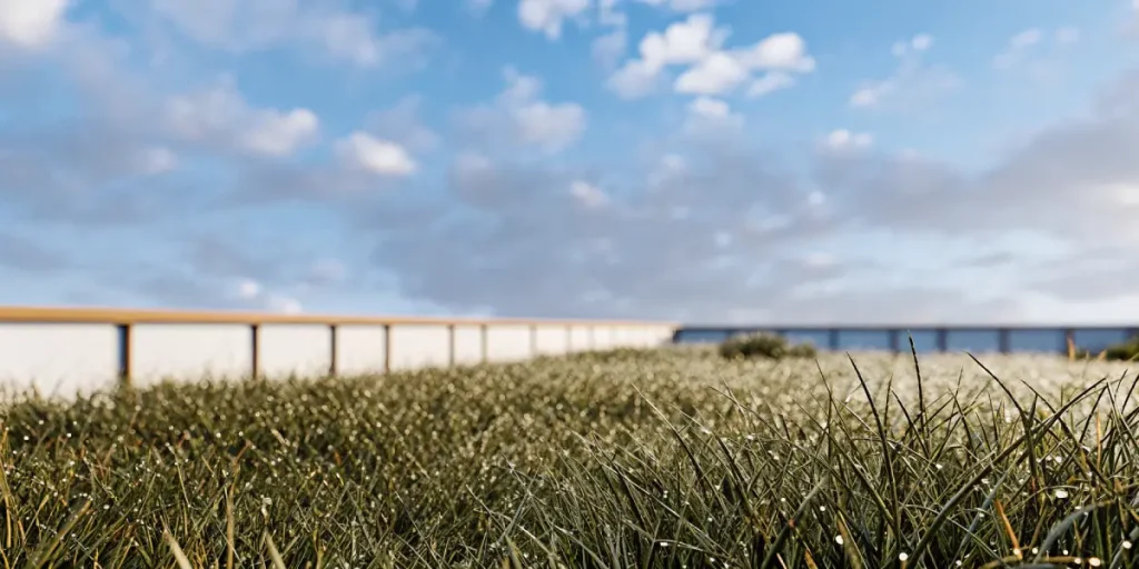 Pelouse verdoyante couverte de rosée sous un ciel nuageux, symbole de fraîcheur et de croissance naturelle.