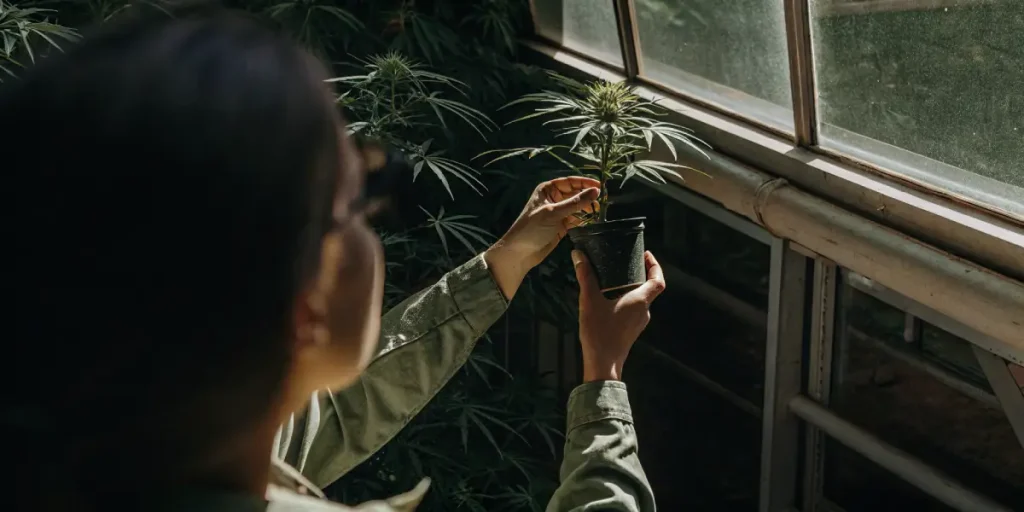 A young cannabis plant in a pot is examined near a greenhouse window, highlighting early plant care and controlled indoor cultivation.